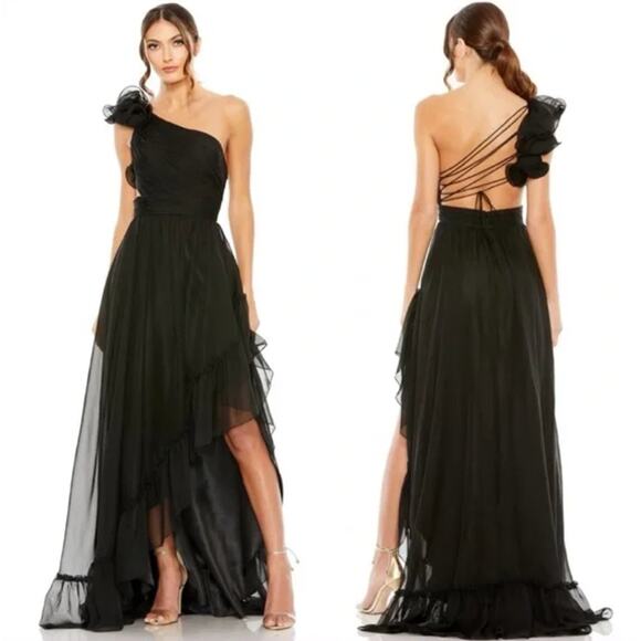 MAC DUGGAL 67989 Black Asymmetrical Hem Lace Up Gown Size 0 - Picture 1 of 7